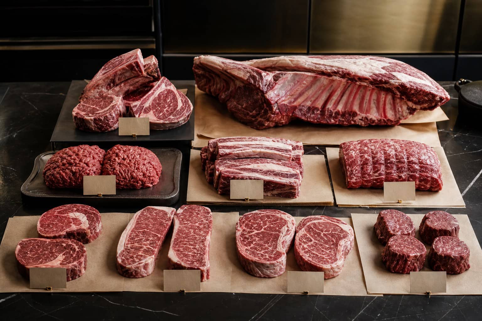 A representative arrangement of cuts from a whole beef share