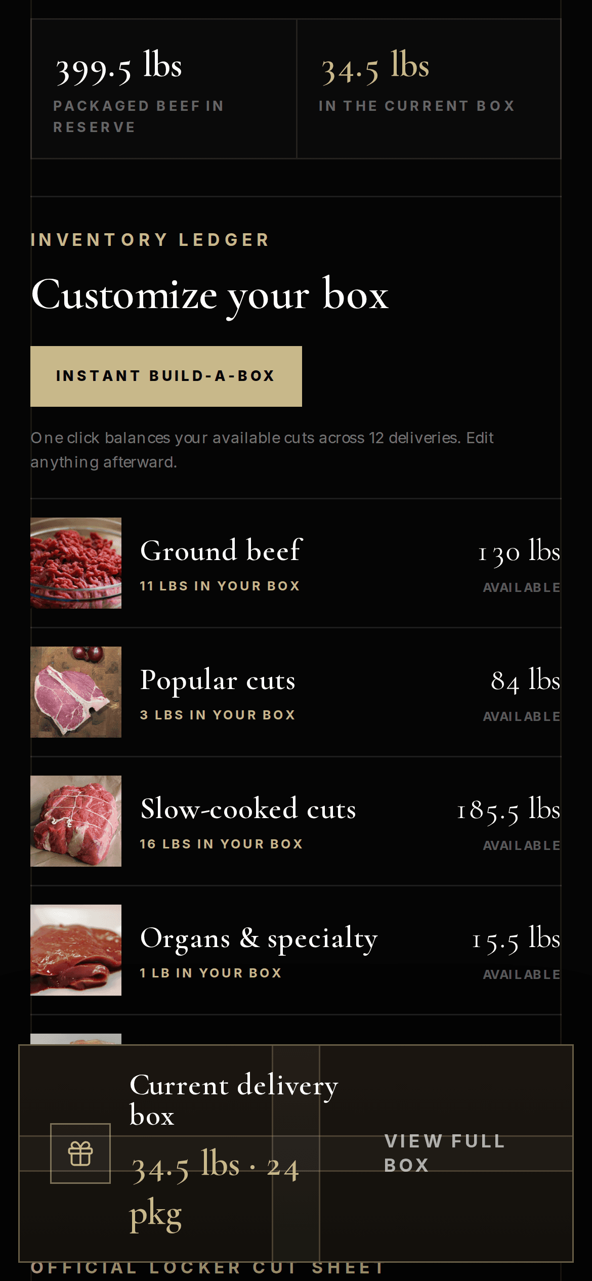 The Pasture Reserve member locker: packaged beef in reserve, an inventory ledger, and cuts being placed in the current delivery box