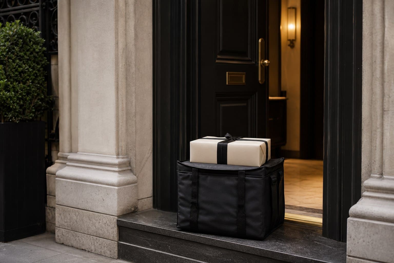 Discreet insulated delivery tote at an elegant New York City apartment doorway