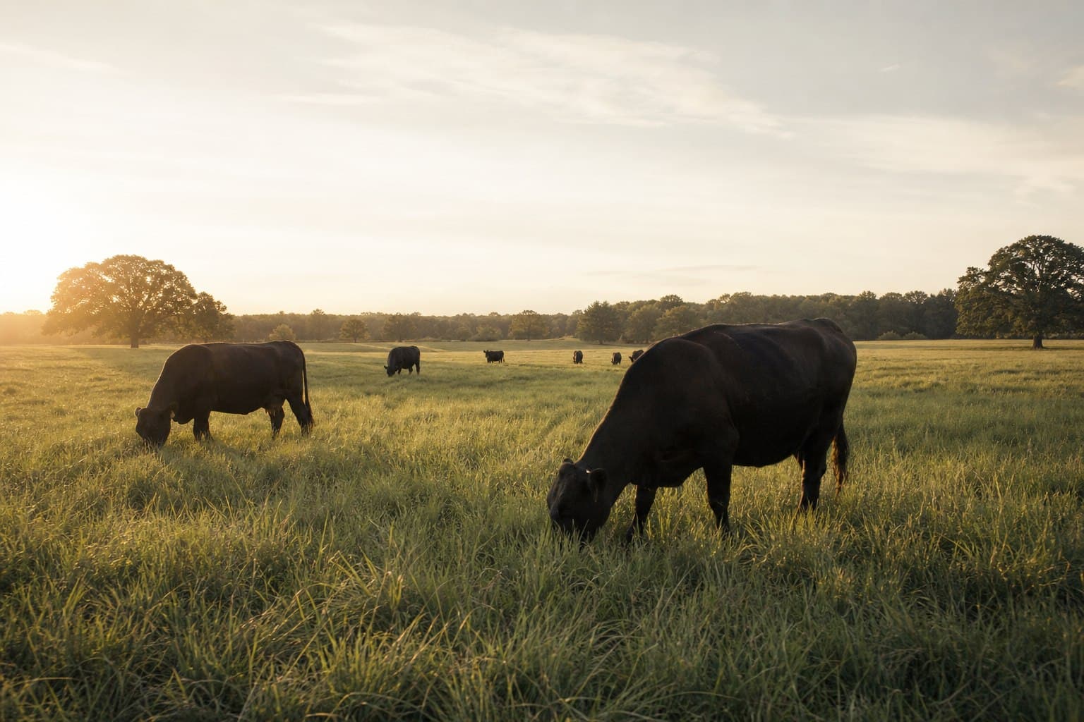 Grass-fed cattle grazing in open pasture at soft morning light