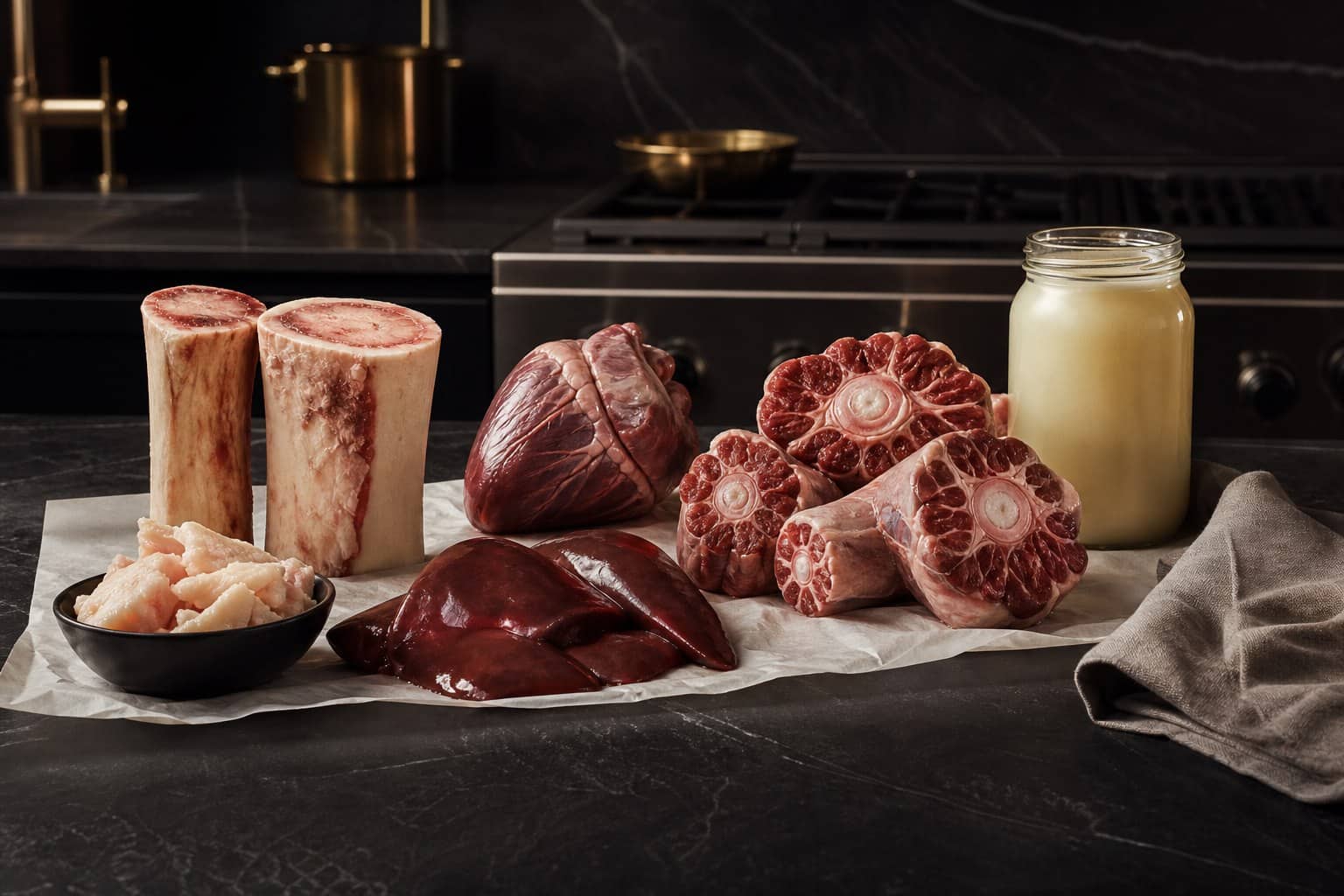 Representative whole-animal cuts and nose-to-tail items for a private kitchen
